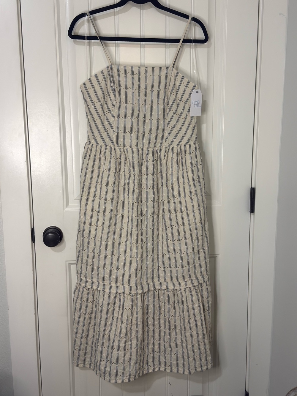 Cream and Blue Striped Midi Sundress with Pockets